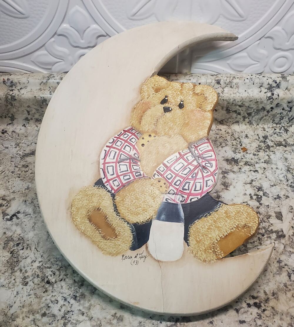 Vintage Teddy Bear Moon Hand Painted Wood Nursery Wall Hanging Karen Fay